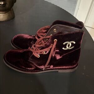 CHANEL Velvet Lace-Up Boots in Deep Burgundy